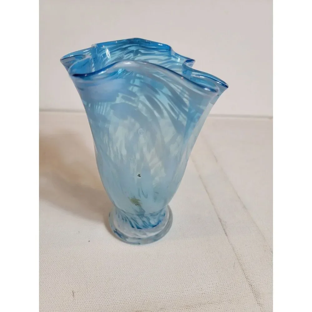 Vintage Hand Blown‎ Art Ruffle Glass Vase Blue Swirl Fluted VTG MCM